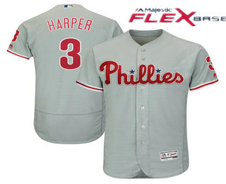 Men's Philadelphia Phillies #3 Bryce Harper Grey Flexbase Authentic Collection Stitched MLB Jersey