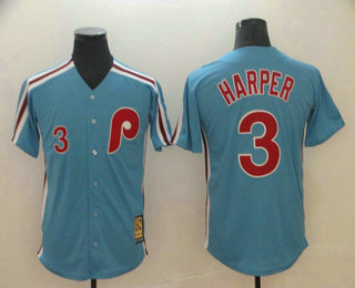 Men's Philadelphia Phillies #3 Bryce Harper Light Blue Cool Base Cooperstown Collection Jersey