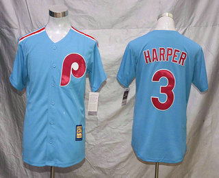 Men's Philadelphia Phillies #3 Bryce Harper Light Blue Cool Base Cooperstown Collection Jersey