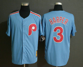 Men's Philadelphia Phillies #3 Bryce Harper Light Blue Cool Base Cooperstown Collection Jersey