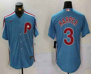 Men's Philadelphia Phillies #3 Bryce Harper Light Blue Cool Base Cooperstown Collection Nike Jersey