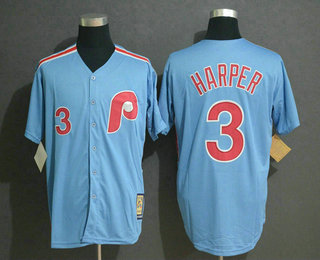 Men's Philadelphia Phillies #3 Bryce Harper Lilght Blue Throwback Stitched MLB Mitchell & Ness Jersey