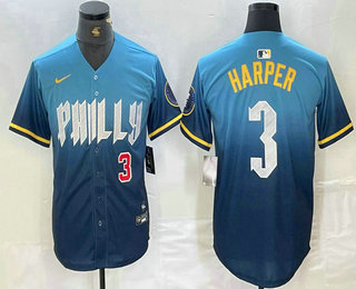 Men's Philadelphia Phillies #3 Bryce Harper Number Blue 2024 City Connect Limited Stitched Jersey 01