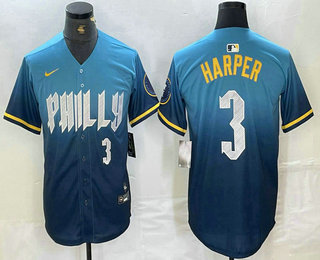 Men's Philadelphia Phillies #3 Bryce Harper Number Blue 2024 City Connect Limited Stitched Jersey 02