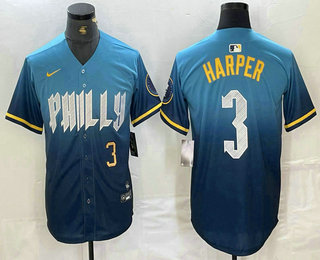 Men's Philadelphia Phillies #3 Bryce Harper Number Blue 2024 City Connect Limited Stitched Jersey 03