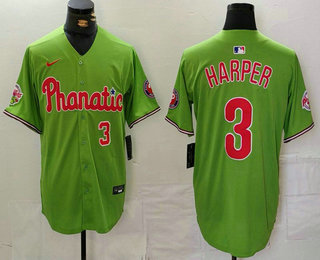 Men's Philadelphia Phillies #3 Bryce Harper Number Green With Patch Stitched Cool Base Nike Jersey