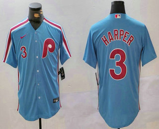 Men's Philadelphia Phillies #3 Bryce Harper Number Light Blue Cool Base Cooperstown Collection Nike Jersey