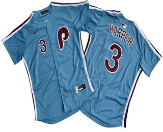 Men's Philadelphia Phillies #3 Bryce Harper Number Light Blue Cool Base Cooperstown Limited Jersey