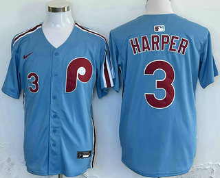 Men's Philadelphia Phillies #3 Bryce Harper Number Light Blue Cooperstown Stitched Limited Jersey