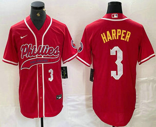 Men's Philadelphia Phillies #3 Bryce Harper Number Red Cool Base Stitched Baseball Jersey 01