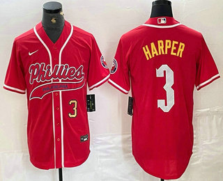 Men's Philadelphia Phillies #3 Bryce Harper Number Red Cool Base Stitched Baseball Jersey 02