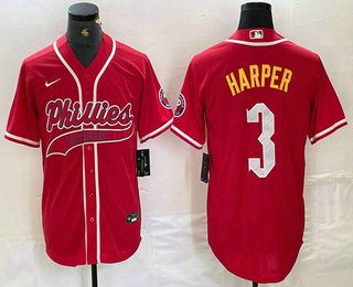 Men's Philadelphia Phillies #3 Bryce Harper Red Cool Base Stitched Baseball Jersey