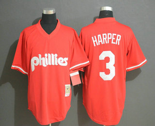 Men's Philadelphia Phillies #3 Bryce Harper Red Throwback Mesh Batting Practice Stitched MLB Mitchell & Ness Jersey