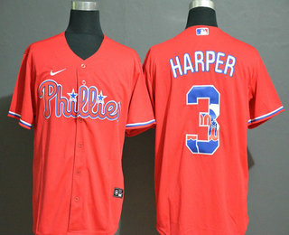 Men's Philadelphia Phillies #3 Bryce Harper Red Team Logo Stitched MLB Cool Base Nike Jersey