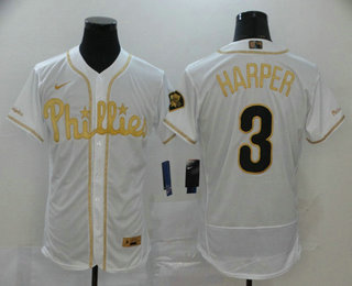 Men's Philadelphia Phillies #3 Bryce Harper White Golden Stitched MLB Flex Base Nike Jersey