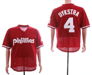 Men's Philadelphia Phillies #4 Lenny Dykstra Red Mesh Batting Practice Throwback Jersey By Mitchell & Ness