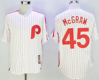 Men's Philadelphia Phillies #45 Tug McGraw White Pinstripe Majestic Cool Base Cooperstown Collection Jersey