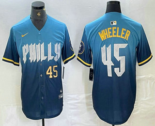 Men's Philadelphia Phillies #45 Zack Wheeler Blue 2024 City Player Number Cool Base Stitched Jersey 01