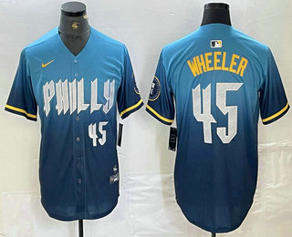 Men's Philadelphia Phillies #45 Zack Wheeler Blue 2024 City Player Number Cool Base Stitched Jersey 02