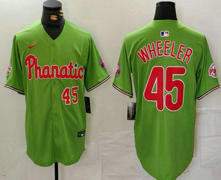 Men's Philadelphia Phillies #45 Zack Wheeler Number Green With Patch Stitched Cool Base Nike Jersey