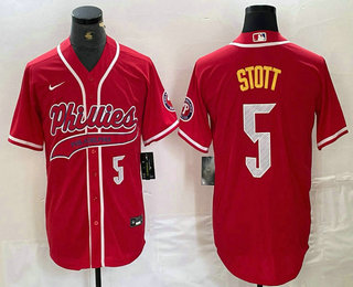 Men's Philadelphia Phillies #5 Bryson Stott Number Red Cool Base Stitched Baseball Jersey 01