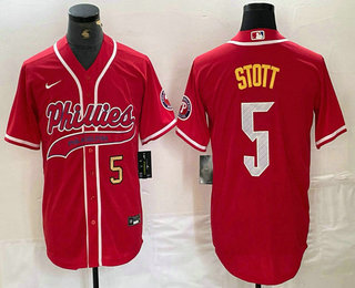 Men's Philadelphia Phillies #5 Bryson Stott Number Red Cool Base Stitched Baseball Jersey 02