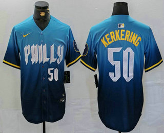 Men's Philadelphia Phillies #50 Orion Kerkering Number Blue 2024 City Connect Limited Stitched Jersey