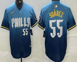 Men's Philadelphia Phillies #55 Ranger Suarez Blue 2024 City Player Number Cool Base Jersey