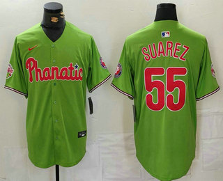 Men's Philadelphia Phillies #55 Ranger Suarez Green With Patch Stitched Cool Base Nike Jersey