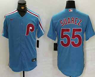 Men's Philadelphia Phillies #55 Ranger Suarez Light Blue Cooperstown Cool Base Jersey