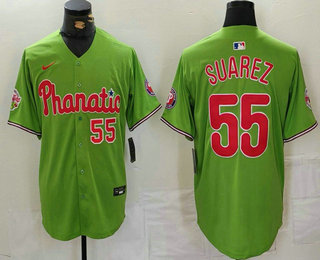 Men's Philadelphia Phillies #55 Ranger Suarez Number Green With Patch Stitched Cool Base Nike Jersey