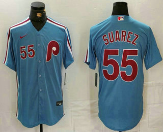 Men's Philadelphia Phillies #55 Ranger Suarez Number Light Blue Cooperstown Cool Base Jersey