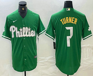 Men's Philadelphia Phillies #7 Trea Turner Kelly Green Cool Base Jersey