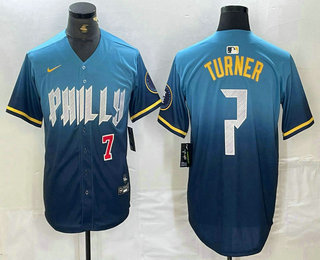 Men's Philadelphia Phillies #7 Trea Turner Number Blue 2024 City Connect Limited Stitched Jersey 01