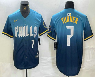 Men's Philadelphia Phillies #7 Trea Turner Number Blue 2024 City Connect Limited Stitched Jersey 03