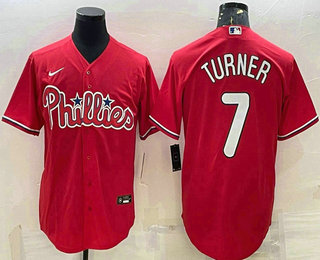 Men's Philadelphia Phillies #7 Trea Turner Red Cool Base Stitched Baseball Jersey