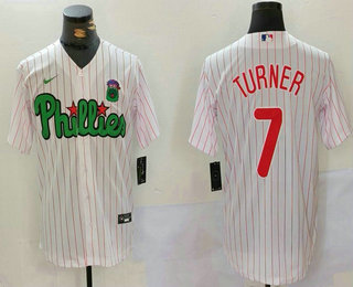 Men's Philadelphia Phillies #7 Trea Turner White Green Cool Base Stitched Jersey