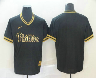 Men's Philadelphia Phillies Blank Black Gold Nike Cooperstown Legend V Neck Jersey