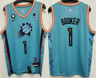 Men's Phoenix Suns #1 Devin Booker 2022 Blue City Edition With 6 Patch Stitched Jersey With Sponsor