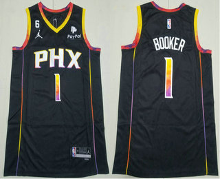 Men's Phoenix Suns #1 Devin Booker Black 2022 Statement 6 Patch Icon Sponsor Swingman Jersey