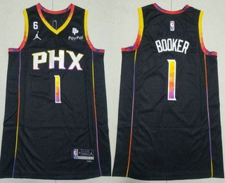 Men's Phoenix Suns #1 Devin Booker Black 2022 Statement 6 Patch Icon Sponsor Swingman Jersey