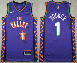 Men's Phoenix Suns #1 Devin Booker Purple 2024 City Edition Sponsor Stitched Jersey