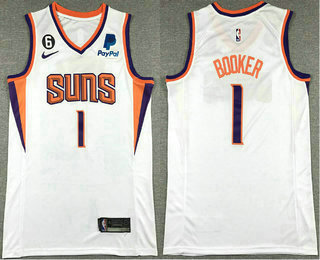 Men's Phoenix Suns #1 Devin Booker White 6 Patch Sponsor Icon Swingman Jersey