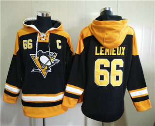 Men's Pittsburgh Penguins #66 Mario Lemieux Black Ageless Must Have Lace Up Pullover Hoodie