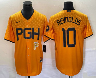 Men's Pittsburgh Pirates #10 Bryan Reynolds Gold 2023 City Connect Stitched Jersey 01