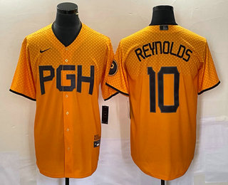 Men's Pittsburgh Pirates #10 Bryan Reynolds Gold 2023 City Connect Stitched Jersey 02