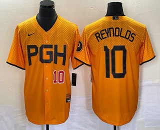 Men's Pittsburgh Pirates #10 Bryan Reynolds Number Gold 2023 City Connect Stitched Jersey 01