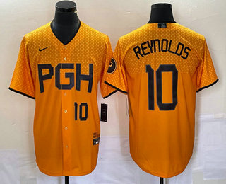 Men's Pittsburgh Pirates #10 Bryan Reynolds Number Gold 2023 City Connect Stitched Jersey 02