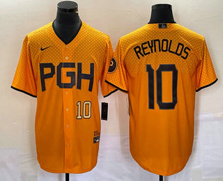 Men's Pittsburgh Pirates #10 Bryan Reynolds Number Gold 2023 City Connect Stitched Jersey 03