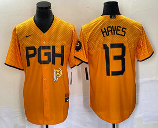 Men's Pittsburgh Pirates #13  KeBryan Hayes Gold 2023 City Connect Stitched Jersey 01